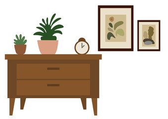 Brown nightstand with two drawers and decorative elements. Bedroom furniture or home decor element. Flat illustration for interior design concept.
