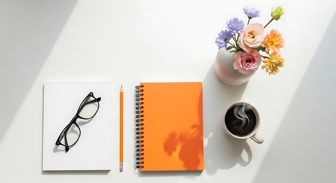 Overhead View of Orange Notebook, Coffee, Eyeglasses, and Flowers on White Desk with Sunlight Shadows