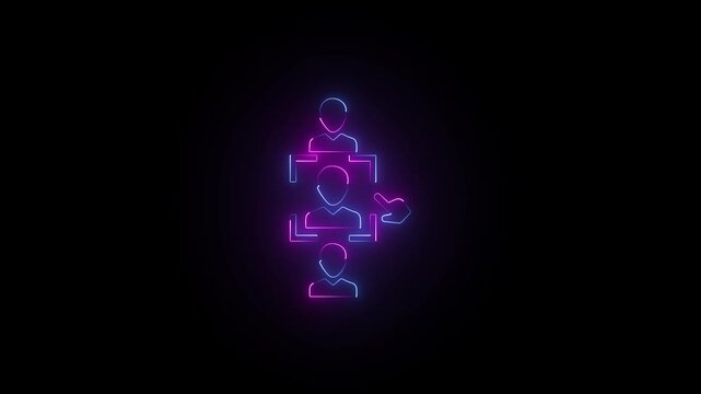 Neon glowing user profile selection icon, recruitment concept, human resources choice, digital interface on a black background.