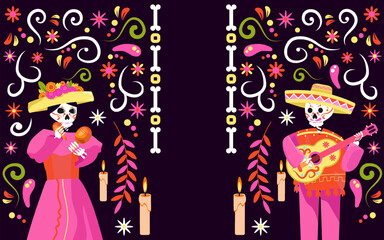 Mexiacan greeting banner day of the dead with colourful background