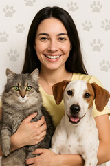 Capture the heartwarming bond between a woman and her cherished pets with this delightful image. A smiling woman is holding her adorable cat and dog. Perfect for pet lovers, animal-themed projects ...