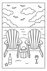 Two Adirondack chairs on a beach with a hat, bottle, and wine glass, coloring page seating furniture