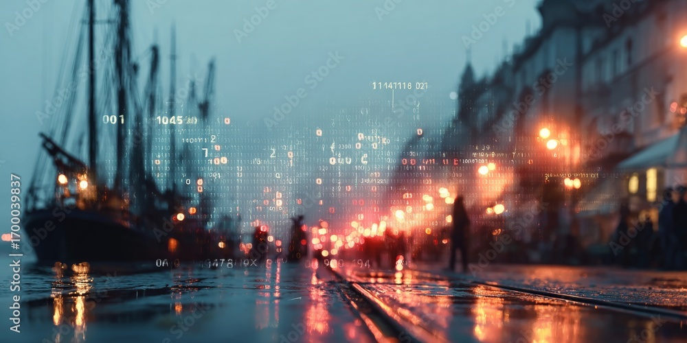 Poster futuristic harbor with binary data overlays and innovations in advanced communication technology