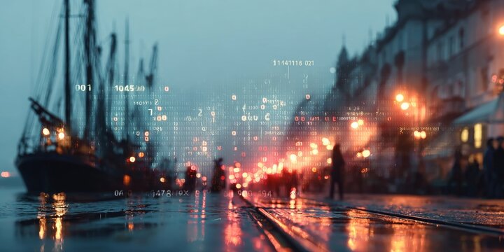 Futuristic Harbor with Binary Data Overlays and Innovations in Advanced Communication Technology