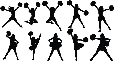 Cheerleader group dancing with pompom editable vector illustration icons. Silhouettes of dancing cheerleaders. Cheerleading icons