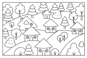 Whimsical village with houses and trees in a simple outline drawing Keywords: village, houses, trees, hills, nature, outline, drawing, simple