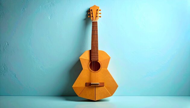 Geometric wooden guitar leaning against a blue wall.