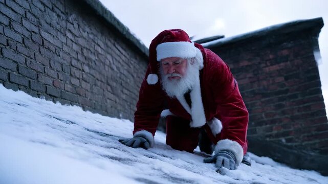 A cheerful but cautious Santa crawls along a slippery snow-covered roof. The funny angle conveys the Christmas bustle with humor.
