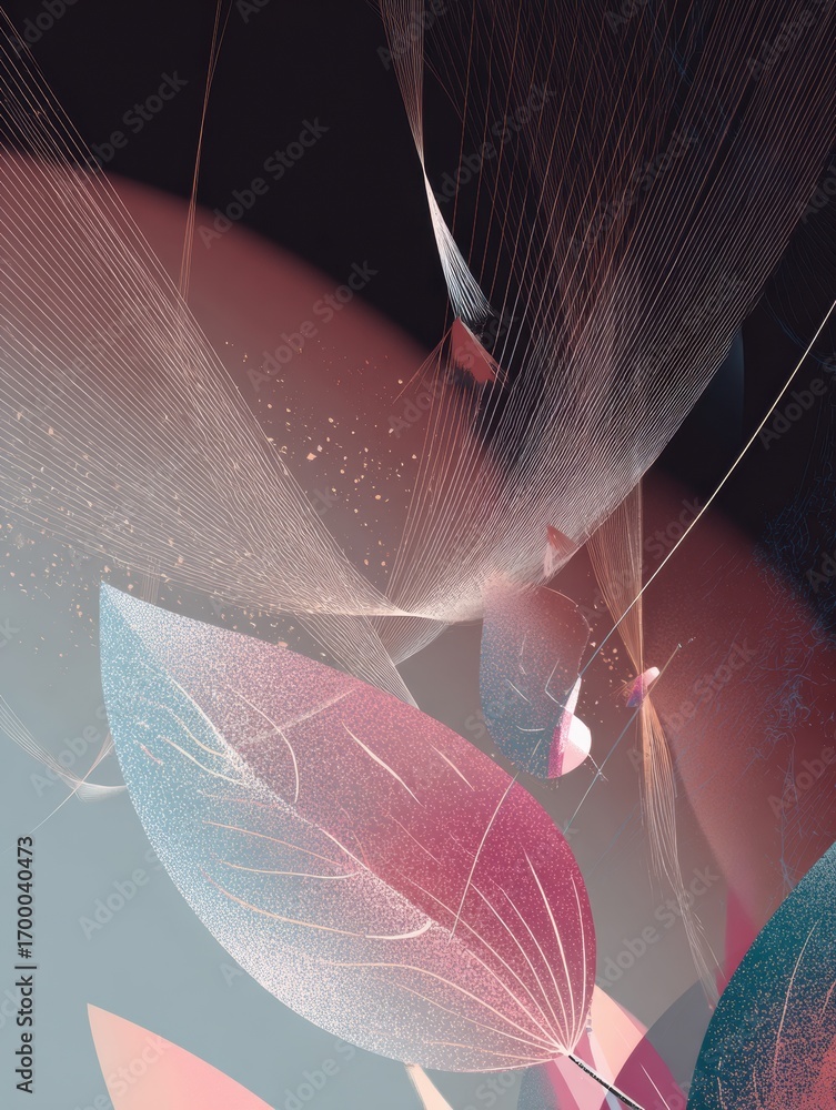 Poster colorful abstract composition featuring delicate leaves and flowing lines with a soft background