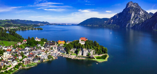 Austrian most beautiful lakes - Traunsee, aerial view of scenic village peninsola Traunkirchen . aerial drone panoramic view. Salzkammergut, Austria