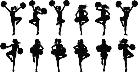 Cheerleader group dancing with pompom editable vector illustration icons. Silhouettes of dancing cheerleaders. Cheerleading icons