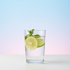 Fototapeta premium Refreshing Transparent Glass of Detox Water with Lemon and Mint on a Minimalist Background, Upscale Concept of Healthy Hydration and Wellness