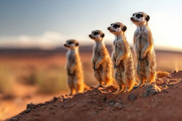 Group of meerkats standing alert on rocky mound in dry desert landscape during golden hour light, showing their curious and watchful nature