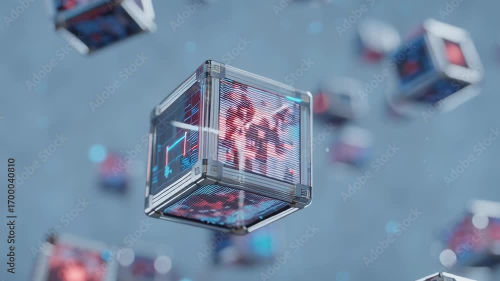 Poster a bunch of cubes are floating in the air with a blue and red color. the cubes are made of plastic an