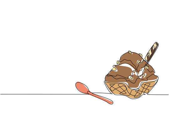 A single line drawing of a waffle bowl of rocky road ice cream with scoops, wafer sticks, and garnish, representing a sweet dessert food concept for National Rocky Road Day celebration event.
