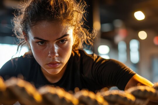 Focused young woman with curly hair and intense expression performing high intensity workout in gym with warm lighting and blurred background