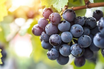 Fresh ripe blue grapes hanging on vine with water droplets and sunlight shining through green leaves in vineyard