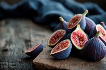Fresh ripe figs sliced open to reveal juicy red flesh on rustic wooden board with dark cloth in background, evoking natural and wholesome feeling