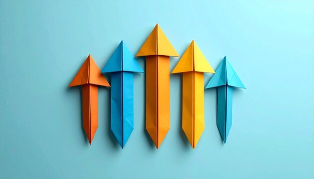 Origami arrows pointing upwards on a blue background. - Powered by Adobe