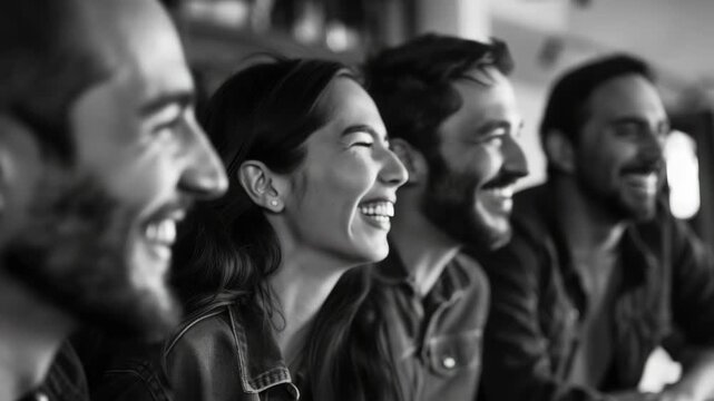 A group of people are smiling and laughing together. A woman is smiling and laughing the most. There are two men and one woman in the group