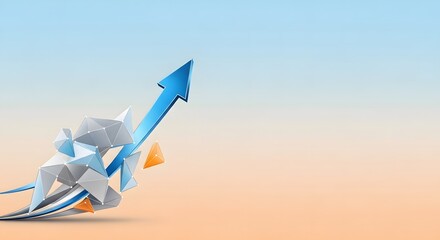 An upward-pointing blue arrow breaks through a cluster of white geometric shapes against a gradient background.