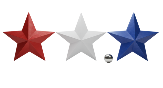 Polished 3D red, white, blue stars, silver sphere, seamless transparent background, high-key lit 45-degree studio shot, Concept of modern patriotic product display
