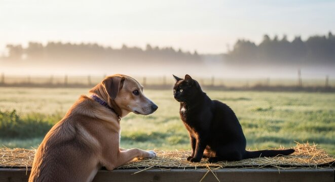 A dog and a black cat facing each other on a hay bale at sunrise - Powered by Adobe