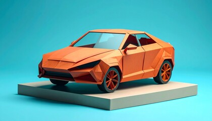 Origami car model on a platform against blue background.