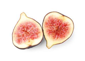 Halves of sweet ripe fig isolated on white, top view