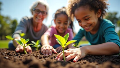 A loving grandmother and her two granddaughters smile as they plant seedlings together in a garden, sharing a special moment and teaching about nature.
