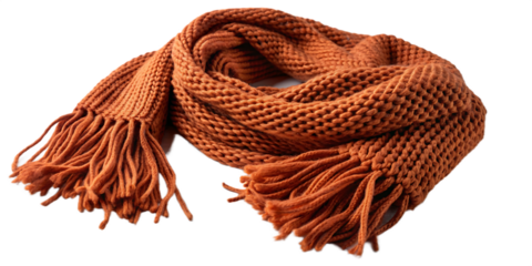 Chunky knit wool scarf with fringe isolated on a transparent background orange