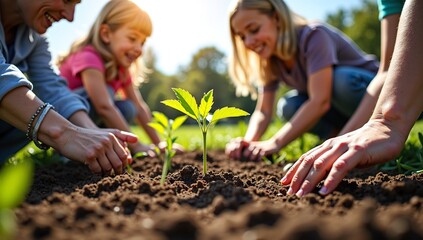 A happy group of women and children from the community plant seedlings together in a garden on a sunny day, promoting environmental awareness.