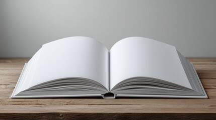 Open hardcover book on rustic wooden table with blank white pages for editorial layout and publishing design mockup.

