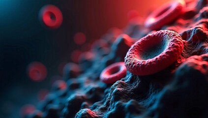 A scientific 3D illustration of red blood cells, or erythrocytes, flowing through a blood vessel in the human circulatory system.