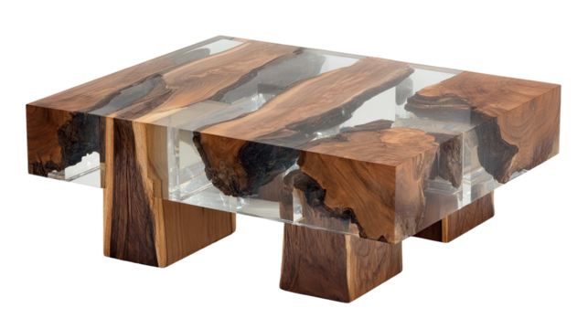 Rectangular coffee table with dark wood and clear resin