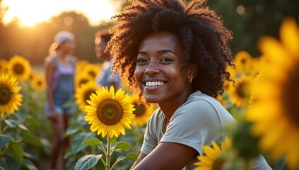 Portrait of a beautiful and happy young Black woman with a natural afro smiling in a sunflower field at golden hour sunset.