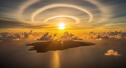 Aerial view of island at sunset with cloud formations and sun halo