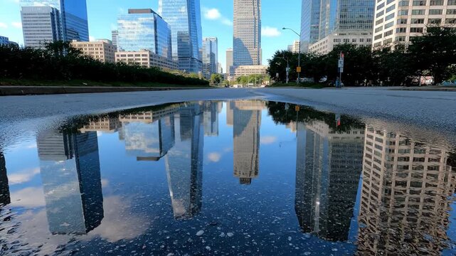 Reflections of Downtown Dallas Skyscrapers in a Puddle on a Sunny Day Capturing the Urban Landscape