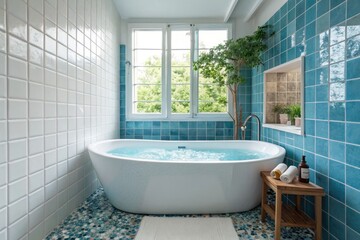 Modern Bathroom With a Freestanding Tub and Serene Garden View