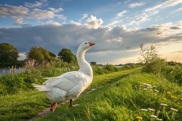 Obraz premium Majestic White Goose Walking Along a Tranquil Riverside at Sunset