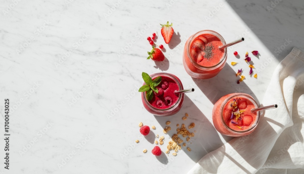 Poster three colorful smoothie jars displayed in a stylish flatlay on a white marble surface with fresh ing