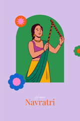 Happy Navratri text with an Indian woman dancing the dandiya  dance vector illustration, Traditional ethnic wear  