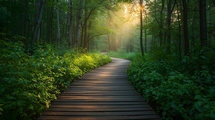 Fototapeta premium Serene Path: A tranquil wooden path winds its way through a lush, vibrant green forest, leading towards a sunlit clearing that evokes a sense of peace and journey. 