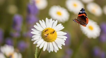 Obraz premium Butterfly flies near a daisy with insects on it