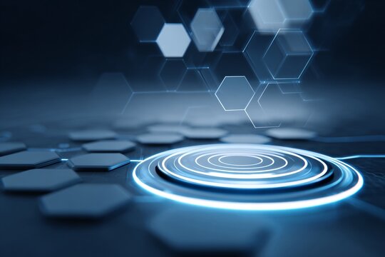 Hexagonal technology background with glowing platform and shapes