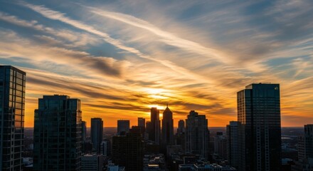 Fototapeta premium City skyline at sunset with dramatic clouds