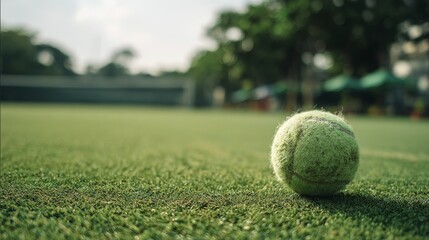 Close-up of a tennis ball resting on a vibrant green grass court with soft focus, outdoor sports action and recreational tennis concept during daylight