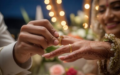 Romantic Indian wedding ceremony with groom placing ring on bride's finger in a beautiful celebration