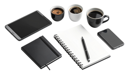 Set of modern office supplies including notebook, smartphone, coffee cup, and pen, isolated on transparent background, business essentials