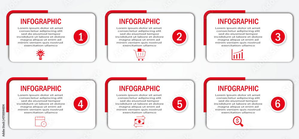 Poster business process visualization with timeline with white diagram | 6 steps infographic modern red cor